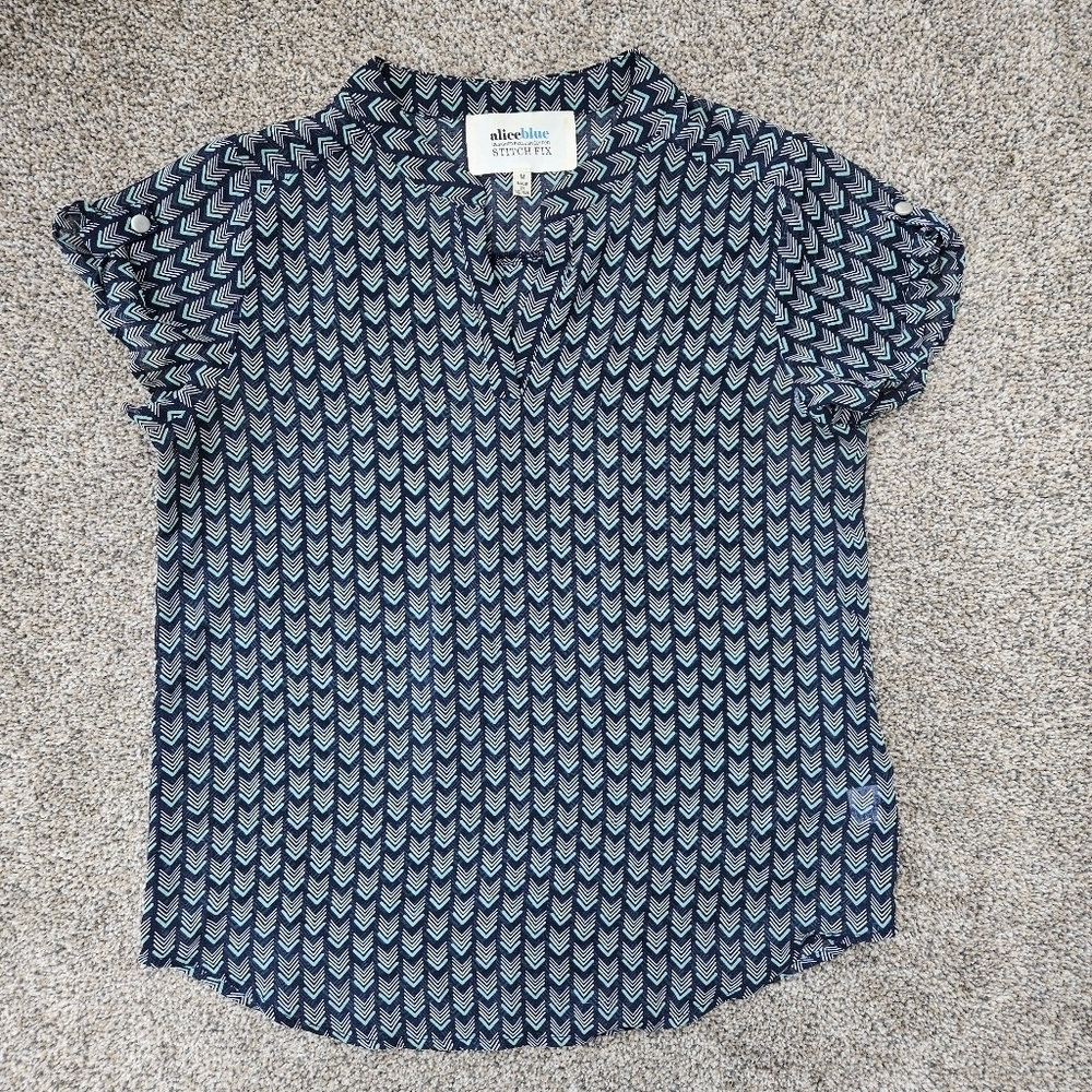 Alice Blue Stitch Fix Popover Blouse Chevron Blue Green Sheer Shirt Size Medium